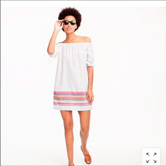 J. Crew Linen Off Shoulder White Rainbow Stripe Coastal Dress Size Medium - Picture 1 of 15
